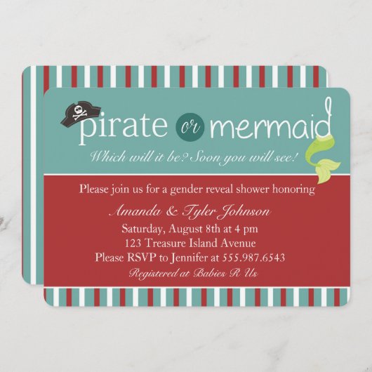 海賊または人魚の性はベビーシャワーの招待を明らかにします 招待状 (正面/裏面)