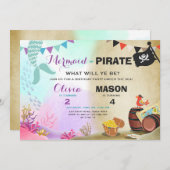 海賊または人魚の誕生日の招待兄弟姉妹Joi 招待状 (正面/裏面)