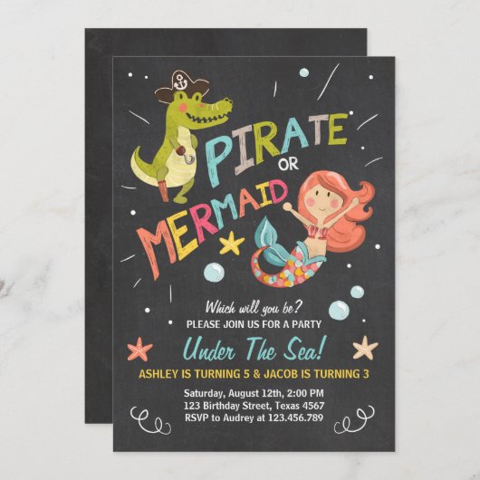 海賊または人魚の誕生日の招待Joint Day 招待状 (正面/裏面)