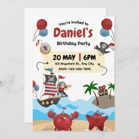 海賊をテーマにした誕生日パーティーの招待状 招待状 (正面/裏面)