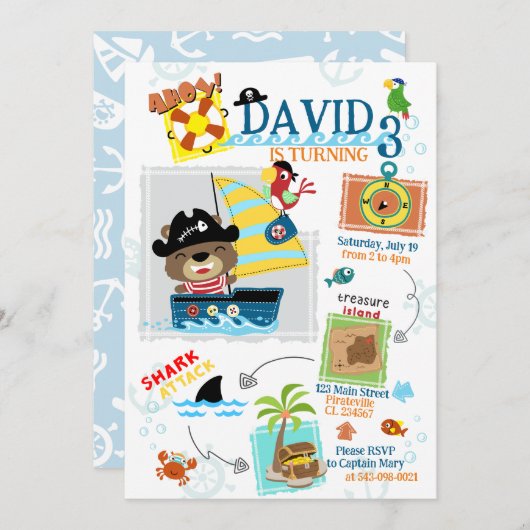 海賊をテーマにした誕生日パーティーの招待状 招待状 (正面/裏面)