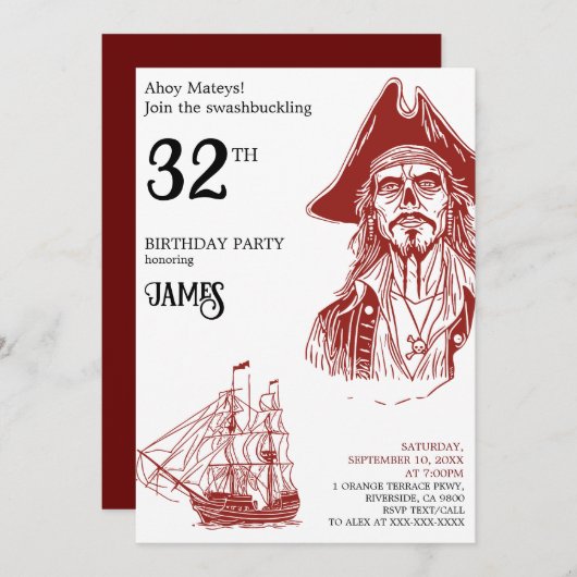 海賊をテーマにした誕生日パーティーの招待状 招待状 (正面/裏面)