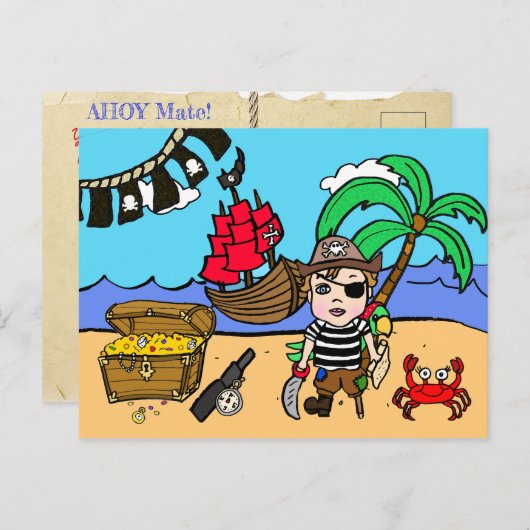 海賊をテーマにした誕生日招待状 ポストカード (正面/裏面)