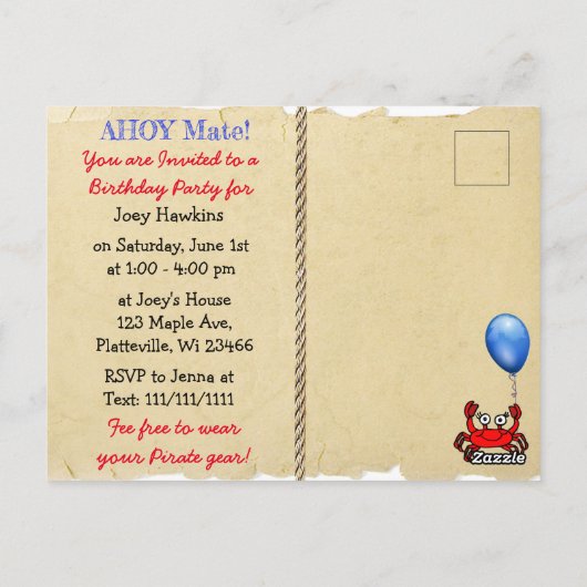 海賊をテーマにした誕生日招待状 ポストカード (裏面)
