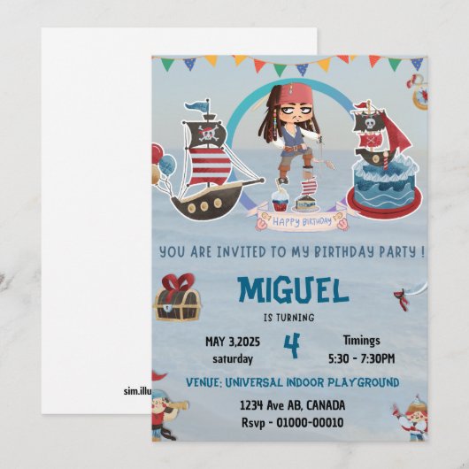 海賊をテーマにした誕生日 招待状 (正面/裏面)