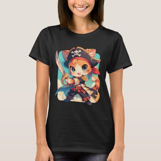 海賊アニメとしてかわいい猫かわいい Tシャツ (正面)