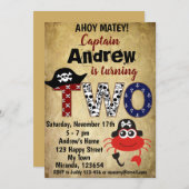 海賊カニの誕生日招待状、海賊テーマ 招待状 (正面/裏面)