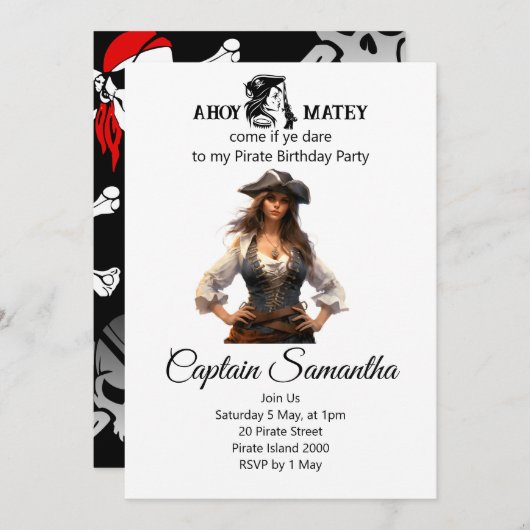 海賊ガールのお誕生日パーティーへようこそ！ 招待状 (正面/裏面)