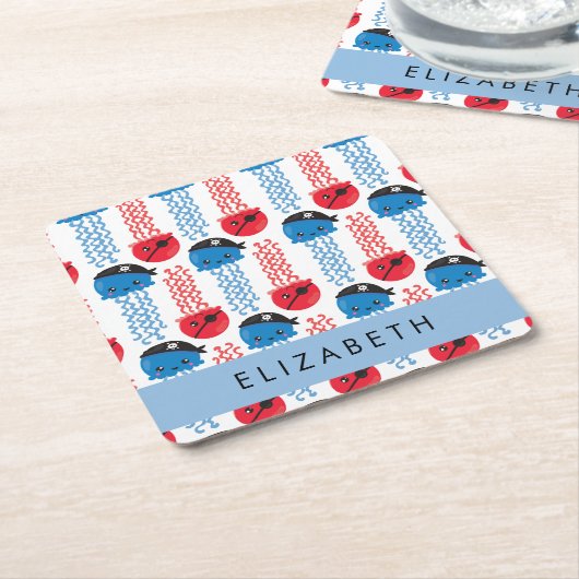 海賊クラゲクラゲ模様お名前 スクエアペーパーコースター (アングル)