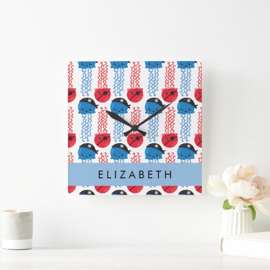 海賊クラゲクラゲ模様お名前 スクエア壁時計 (ホーム)