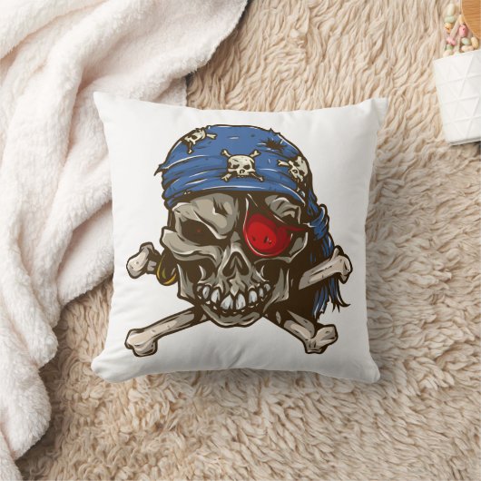 海賊スカルの骨が交差した図形の青いバンダナの目パッチ クッション (ブランケット)