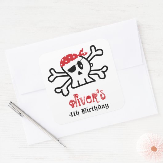 海賊スカルスケルトン男の子の誕生日パーティーのお願い スクエアシール (封筒)