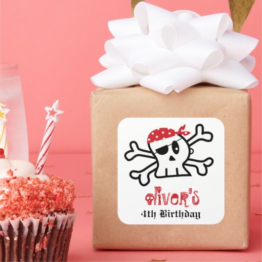 海賊スカルスケルトン男の子の誕生日パーティーのお願い スクエアシール (パーティー)