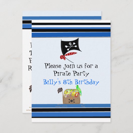 海賊ストライプの誕生日パーティーへの招待 招待状 (正面/裏面)