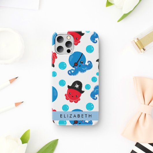 海賊タコ、タコ柄、海、あなたの名前 iPhone 16ケース