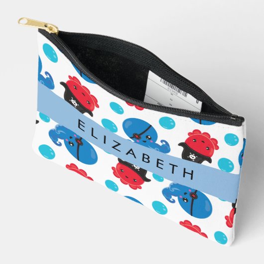 海賊タコ、タコ柄、海、お名前 アクセサリーポーチ (見開き)