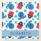 海賊タコ、タコ柄、海、お名前 ガラスコースター (正面)