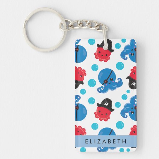 海賊タコ、タコ柄、海、お名前 キーホルダー (正面)