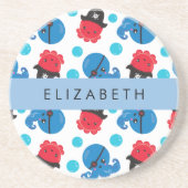 海賊タコ、タコ柄、海、お名前 コースター (正面)