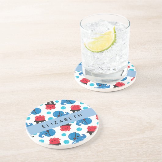 海賊タコ、タコ柄、海、お名前 コースター (側面)