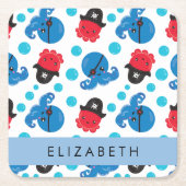 海賊タコ、タコ柄、海、お名前 スクエアペーパーコースター (正面)
