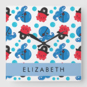 海賊タコ、タコ柄、海、お名前 スクエア壁時計 (正面)