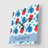 海賊タコ、タコ柄、海、お名前 スクエア壁時計 (傾斜)