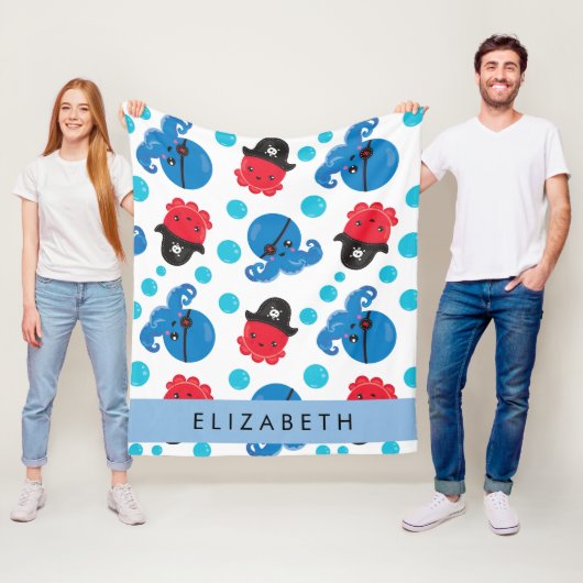 海賊タコ、タコ柄、海、お名前 フリースブランケット (インサイチュ)