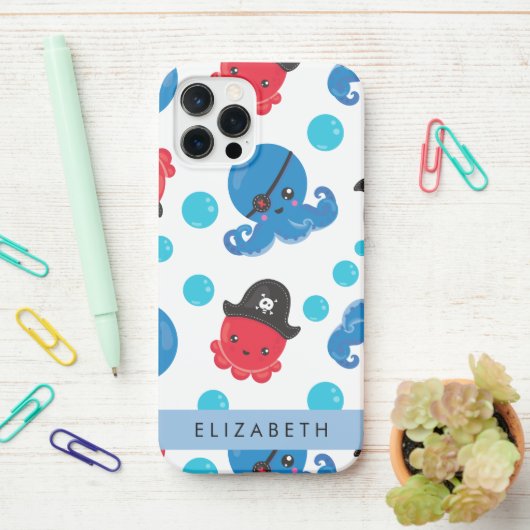 海賊タコ、タコ柄、海、お名前 iPhoneケース (デスク上)