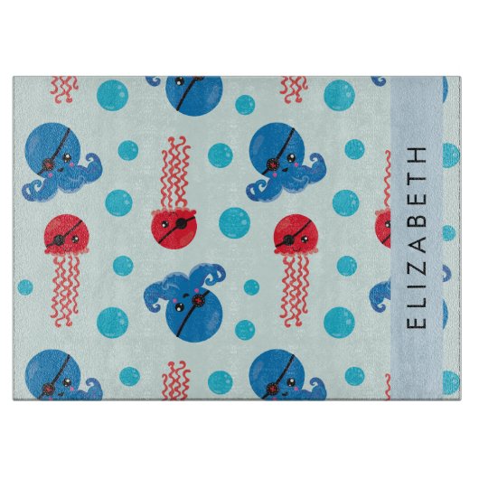 海賊タコ、海賊クラゲ、海、お名前 カッティングボード (正面)