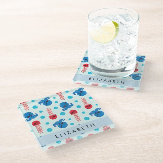 海賊タコ、海賊クラゲ、海、お名前 ガラスコースター (アングル)