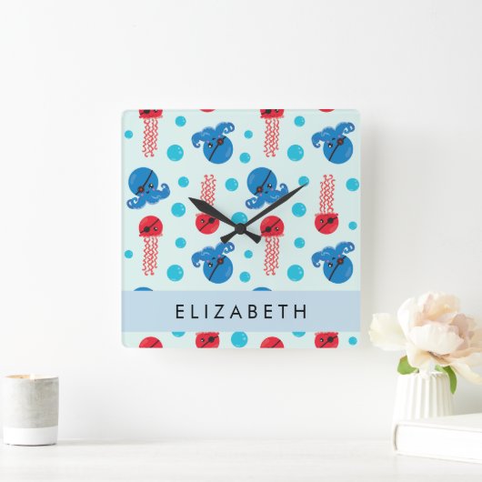 海賊タコ、海賊クラゲ、海、お名前 スクエア壁時計 (ホーム)