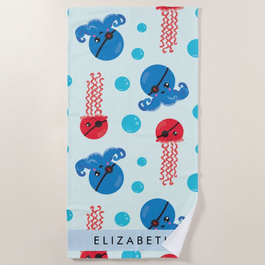 海賊タコ、海賊クラゲ、海、お名前 ビーチタオル (正面)