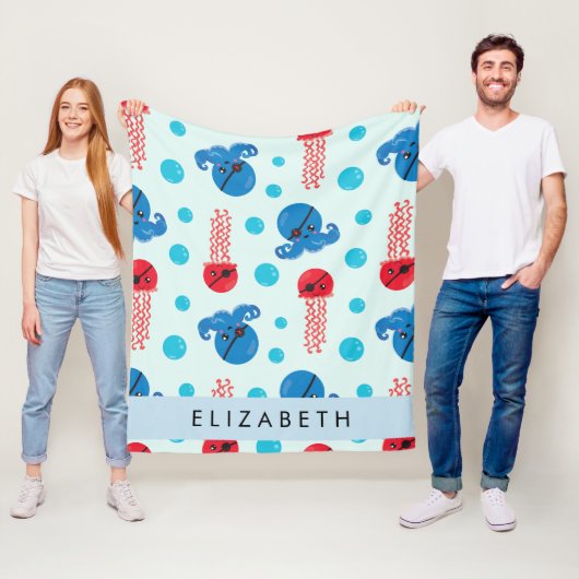 海賊タコ、海賊クラゲ、海、お名前 フリースブランケット (インサイチュ)