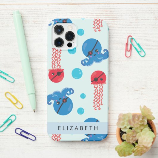 海賊タコ、海賊クラゲ、海、お名前 iPhoneケース (デスク上)