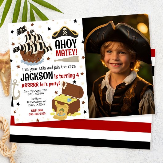 海賊テーマの「Ahoy Jolly Roger」男の子フォトバースデー 招待状
