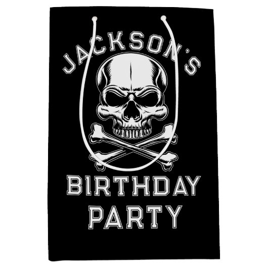 海賊テーマパーティー大人船のスカルブラック ミディアムペーパーバッグ (正面)