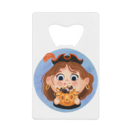 海賊ハロウィーンの衣装を着たかわいい女の子 クレジットカード栓抜き