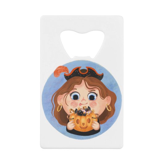 海賊ハロウィーンの衣装を着たかわいい女の子 クレジットカード栓抜き (正面)