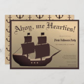 海賊ハロウィーン衣装パーティー船ブラウン金ゴールド 招待状 (正面/裏面)