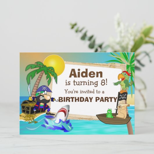 海賊パーソナライズされたおよびサメ誕生日招待状 招待状 (スタンド正面)