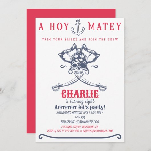 海賊ピンクをテーマにした誕生日パーティー 招待状 (正面/裏面)