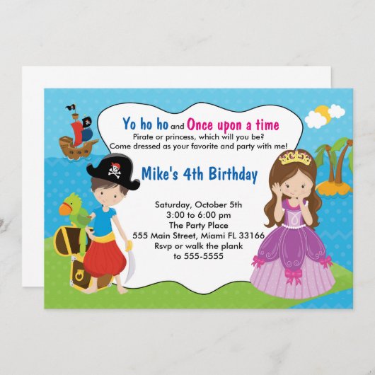 海賊プリンセス招待状少年誕生パーティー 招待状 (正面/裏面)