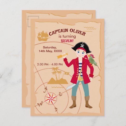 海賊ボーイトレジャーマップおもしろい誕生日パーティー インビテーションポストカード (正面/裏面)