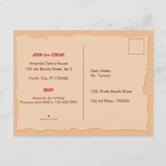 海賊ボーイトレジャーマップおもしろい誕生日パーティー インビテーションポストカード (裏面)