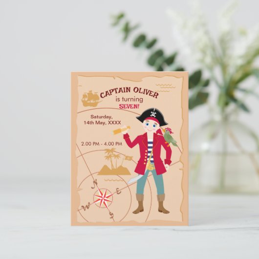 海賊ボーイトレジャーマップおもしろい誕生日パーティー インビテーションポストカード (スタンド正面)