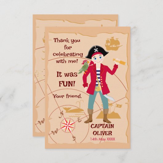 海賊ボーイトレジャーマップおもしろい誕生日パーティー サンキューカード (正面/裏面)