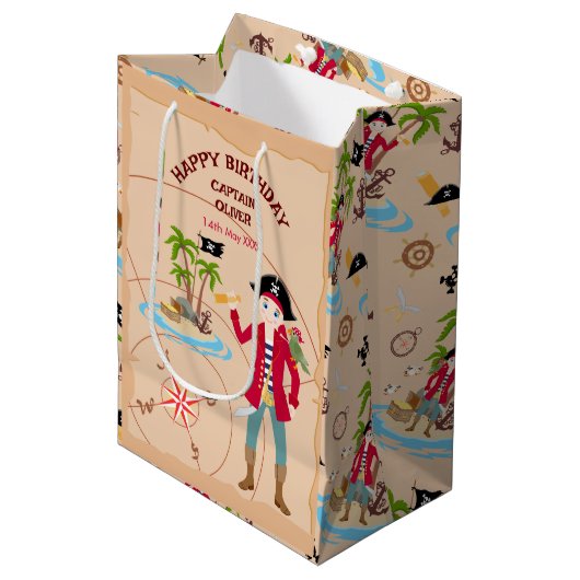 海賊ボーイトレジャーマップおもしろい誕生日パーティー ミディアムペーパーバッグ (正面アングル)