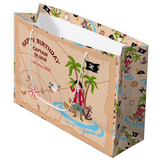 海賊ボーイトレジャーマップおもしろい誕生日パーティー ラージペーパーバッグ (正面アングル)