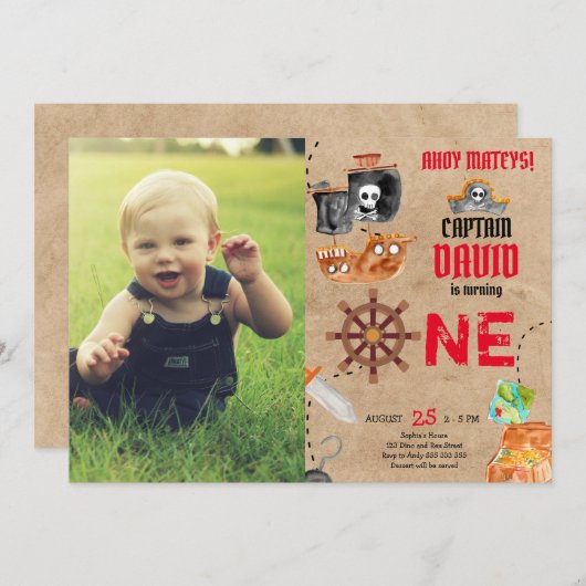 海賊初誕生日男の子1歳の誕生日と写真 招待状 (正面/裏面)